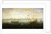 A Dutch and English ship off a harbour by Abraham de Verwer