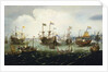 The return of the Dutch East India Fleet, 1 May 1599, the 'Hollandia', 'Mauritius', 'Amsterdam' and 'Duykfen' in harbour by Andries van Eertvelt
