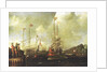 Harbour scene: Spanish ships approaching a jetty by Sebastian Castro
