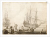 Men in a boat near two Dutch ships by Experiens Sillemans