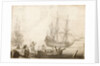 Men in a boat near two Dutch ships by Experiens Sillemans