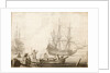 Men in a boat near two Dutch ships by Experiens Sillemans