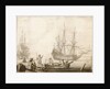 Men in a boat near two Dutch ships by Experiens Sillemans