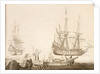 Men in a boat near two Dutch ships by Experiens Sillemans
