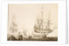 Men in a boat near two Dutch ships by Experiens Sillemans