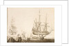 Men in a boat near two Dutch ships by Experiens Sillemans