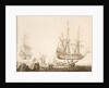 Men in a boat near two Dutch ships by Experiens Sillemans