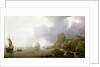 Ships becalmed on a rocky coast by Simon de Vlieger