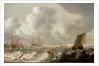 Dutch ships in a rough sea by Pieter van der Croos