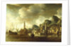 A Dutch flagship and a Fluyt running into a Mediterranean harbour by Johannes Beerstraaten