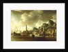 A Dutch flagship and a Fluyt running into a Mediterranean harbour by Johannes Beerstraaten