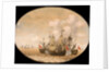 A Dutch ship engaged with two Spanish ships by Pieter Cornelisz van Soest