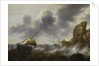 A fishing boat off a rocky coast in a storm with a wreck by Jacob Adriaensz Bellevois