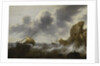 A fishing boat off a rocky coast in a storm with a wreck by Jacob Adriaensz Bellevois