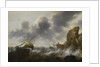 A fishing boat off a rocky coast in a storm with a wreck by Jacob Adriaensz Bellevois
