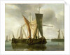 Dutch fishing boats becalmed near a jetty by Hendrik-Jacobsz Dubbels