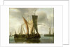 Dutch fishing boats becalmed near a jetty by Hendrik-Jacobsz Dubbels