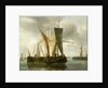Dutch fishing boats becalmed near a jetty by Hendrik-Jacobsz Dubbels