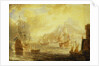Ships at anchor off a mediterranean harbour by Pieter van den Velde