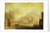 Ships at anchor off a mediterranean harbour by Pieter van den Velde