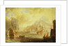 Ships at anchor off a mediterranean harbour by Pieter van den Velde