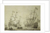 Two Dutch merchant ships under sail near the shore in a moderate breeze by Willem van de Velde the Elder
