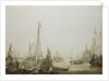 Calm: a Dutch bezan yacht and other vessels in a crowded harbour by Willem van de Velde the Elder