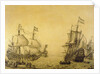 The Dutch ship 'Oosterwijk' under sail near the shore, in two positions by Willem van de Velde the Elder