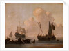 Dutch shipping with a raft near the shore by Willem Van de Velde the Younger