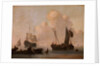 Dutch shipping with a raft near the shore by Willem Van de Velde the Younger