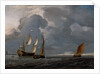 Two Dutch vessels and a flagship under sail in a harbour by Unknown