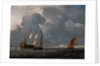 Two Dutch vessels and a flagship under sail in a harbour by Unknown