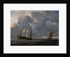 Two Dutch vessels and a flagship under sail in a harbour by Unknown