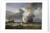 A smalschip with two Dutch East Indiamen coming to anchor by Hendrik-Jacobsz Dubbels