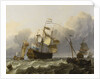 A Dutch flagship with a yacht under her stern by Ludolf Bakhuizen