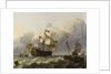 A Dutch flagship with a yacht under her stern by Ludolf Bakhuizen