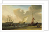 A fishing pink hauled up on the beach in a fresh breeze on the Dutch coast by Willem Van de Velde the Younger