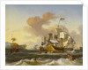 A Dutch flagship and other vessels off a rocky coast by Hendrik Rietschoof