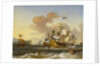 A Dutch flagship and other vessels off a rocky coast by Hendrik Rietschoof