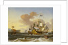 A Dutch flagship and other vessels off a rocky coast by Hendrik Rietschoof