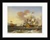 A Dutch flagship and other vessels off a rocky coast by Hendrik Rietschoof