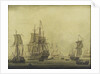 Calm: Dutch ships at anchor in a crowded harbour by Cornelis Bouwmeester