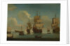 English warships at anchor in a calm, drying sails by Unknown