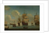 English warships at anchor in a calm, drying sails by Unknown