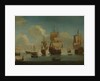 English warships at anchor in a calm, drying sails by Unknown