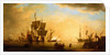 An English flagship and other vessels becalmed at sun down by Peter Monamy