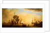 An English flagship and other vessels becalmed at sun down by Peter Monamy