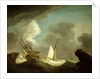 An Indiaman and a royal yacht in a storm off a rocky coast with a castle by Peter Monamy