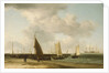A beach scene with man-of-war in the distance by Charles Brooking