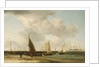 A beach scene with man-of-war in the distance by Charles Brooking